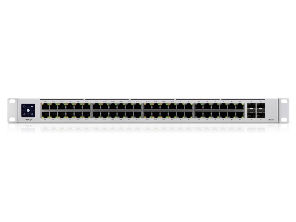 Voorkant van de Ubiquiti UniFi USW-48-POE Gen2 managed 48-poorts PoE+ netwerk switch met rackmount