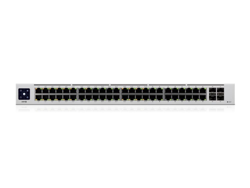 Voorkant van de Ubiquiti UniFi USW-48-POE Gen2 managed 48-poorts PoE+ netwerk switch met alle ethernetpoorten en SFP uplink poorten