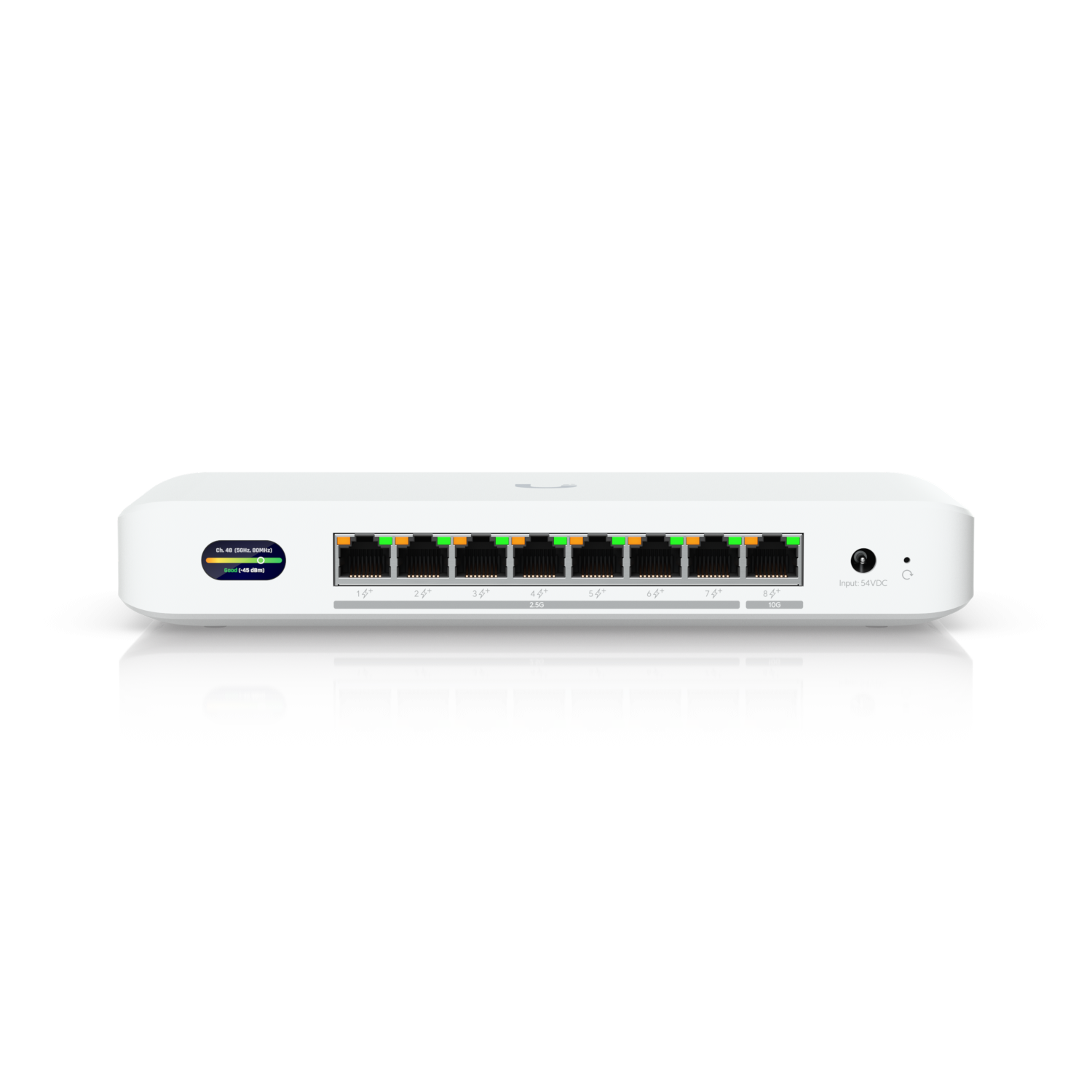Voorkant van de Ubiquiti UniFi Device Bridge Switch (UDB-Switch) met alle ethernetpoorten en de stroominput