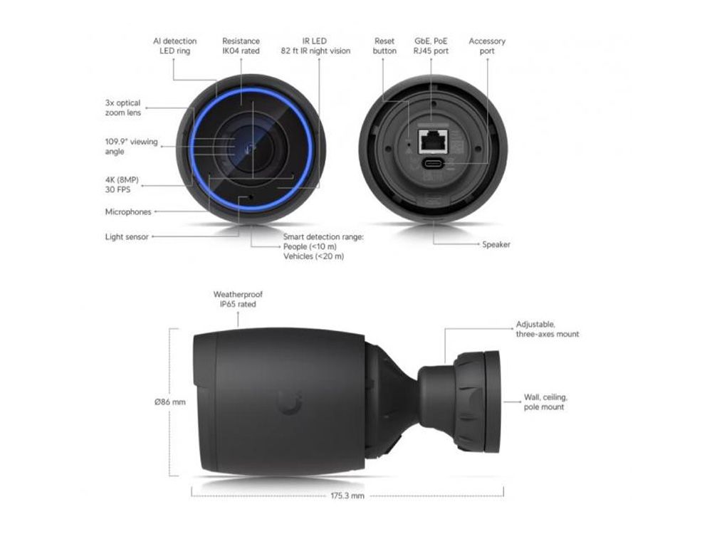 Ubiquiti AI Pro (zwart) 4K Indoor/Outdoor Camera productfoto specs