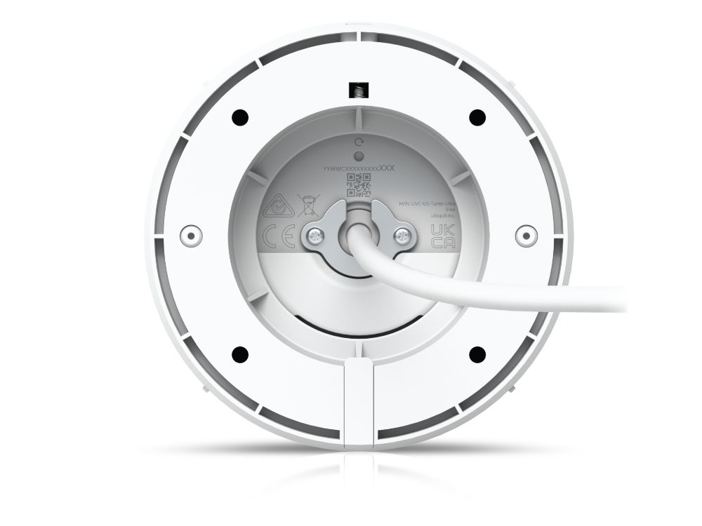 Onderkant van de Ubiquiti UniFi Protect G5 Turret Ultra beveiligingscamera met aansluitkabel