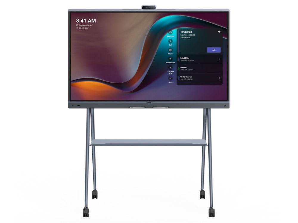 De Yealink MeetingBoard 65 Pro all-in-one vergaderoplossing met touchscreen en 4K camera voor videovergaderingen en presentaties op een verrijdbare trolley