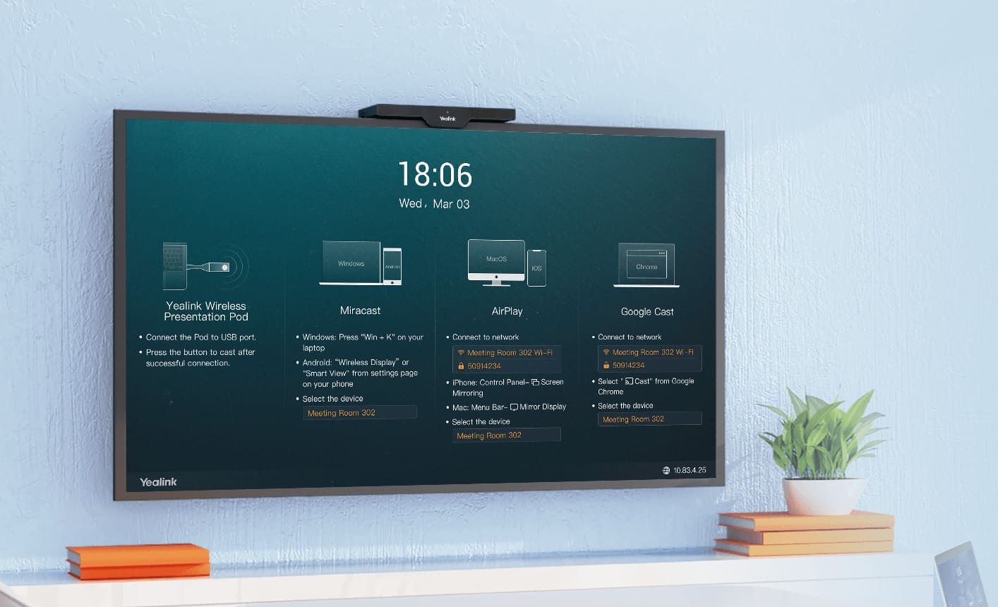 De Yealink RoomCast in gebruik bovenop een presentatiescherm in een vergaderruimte