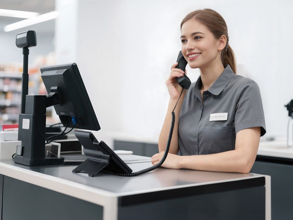 De Yealink SIP-T73W VoIP-telefoon met WiFi in gebruik door een vrouw bij een kassa balie
