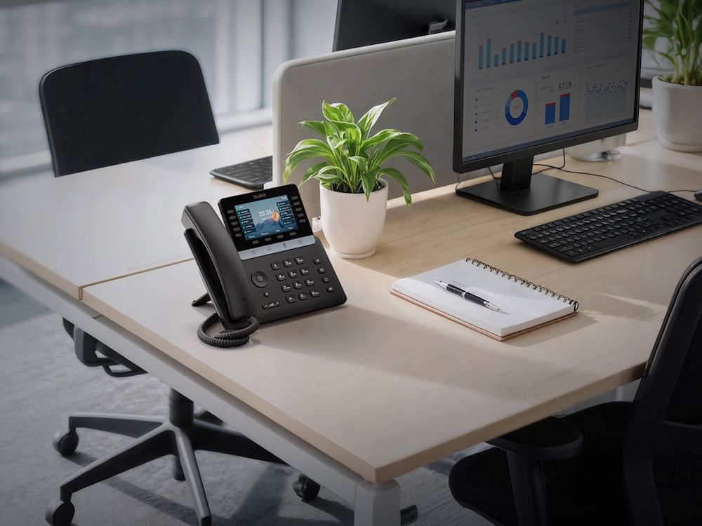 Een Yealink SIP-T74U VoIP telefoon op een bureau in een kantoorruimte