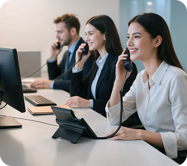 Een vrouw belt via de Yealink SIP-T74U VoIP telefoon die op haar bureau staat