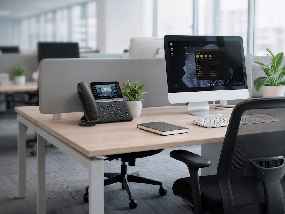 De Yealink SIP-T74W VoIP telefoon in gebruik op een bureau in een zakelijke kantoor omgeving