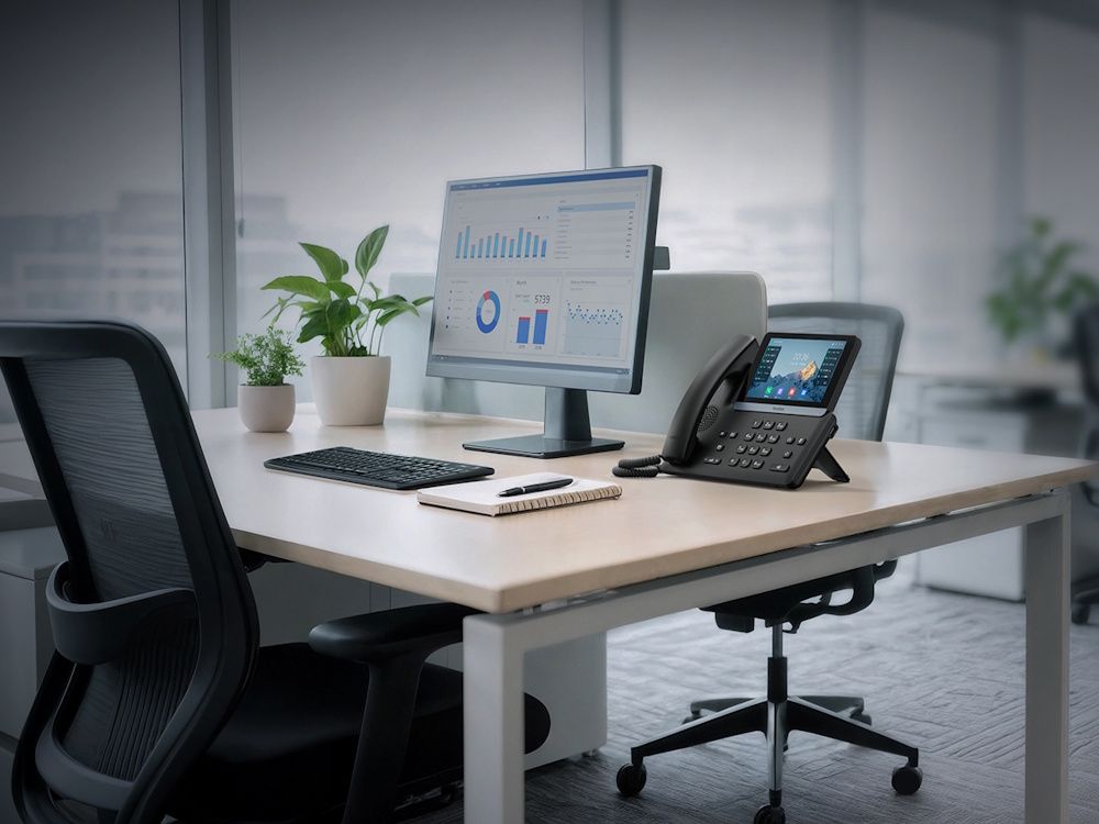 De Yealink SIP-T77U VoIP telefoon met 7 inch kleurentouchscreen op een bureau in een kantoor
