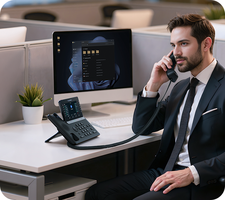 De Yealink SIP-T85W VoIP telefoon in gebruik op een kantoor werkplek