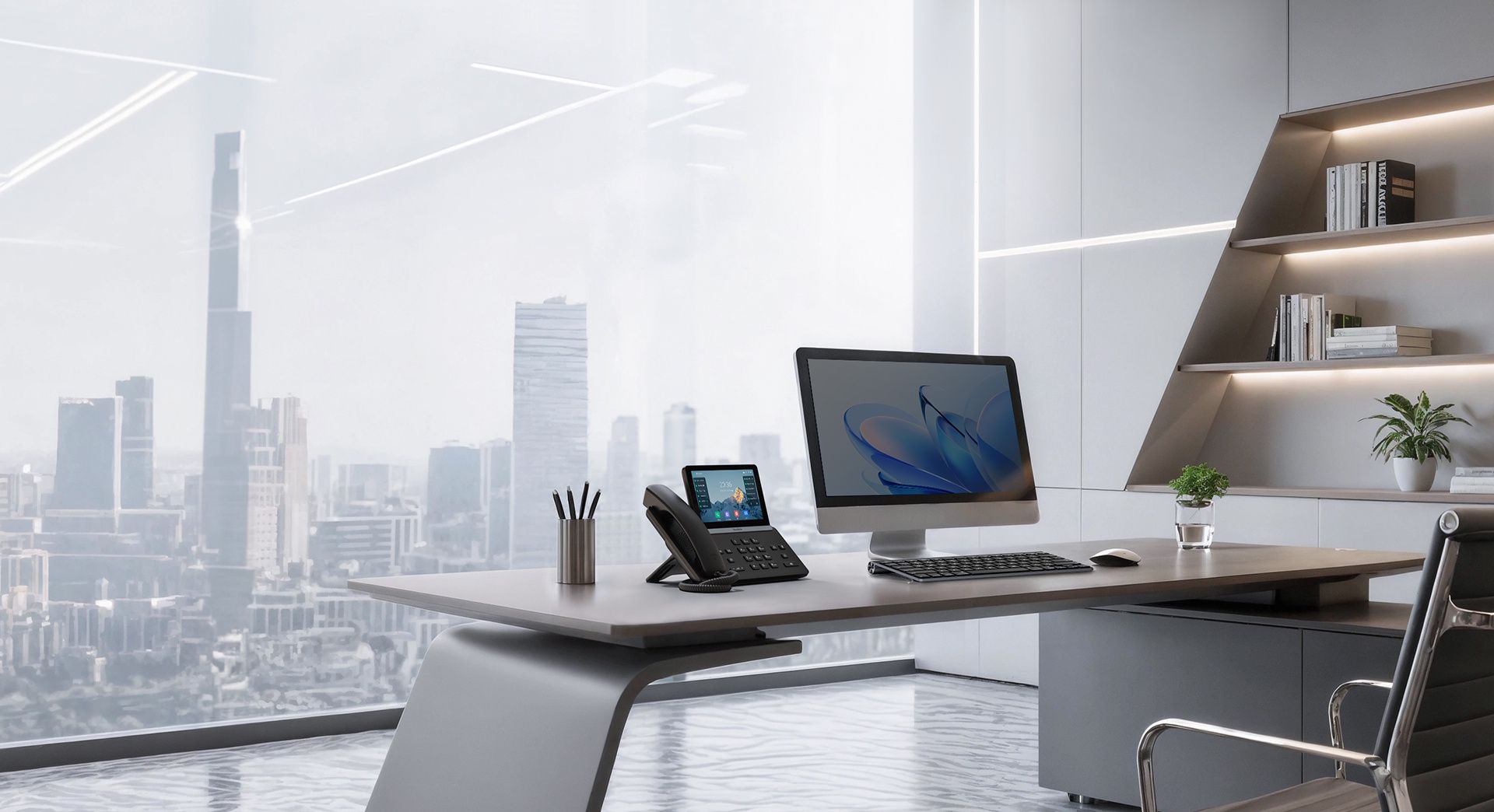 De Yealink SIP-T87W VoIP telefoon op een bureau in een licht kantoor met uitzicht op een skyline
