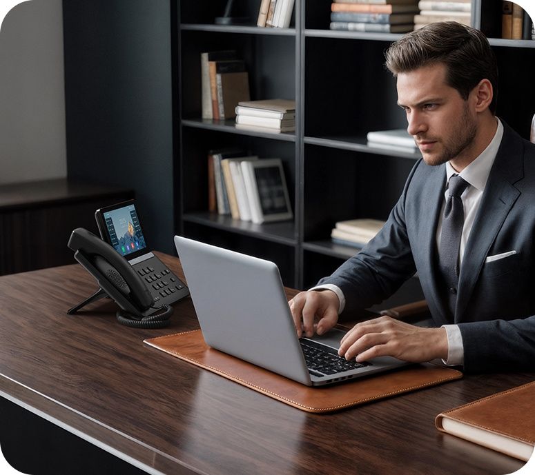 De Yealink SIP-T87W VoIP telefoon in gebruik op een bureau in een zakelijk kantoor