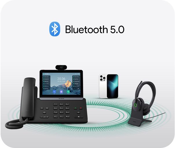 De Yealink SIP-T88V Pro VoIP telefoon ondersteunt Bluetooth verbindingen met een handset of smartphone of headset