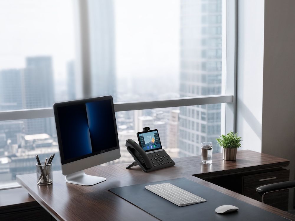 De Yealink SIP-T88V Pro VoIP telefoon in gebruik op een bureau in een kantoor in een hoog gebouw met zicht op skyline