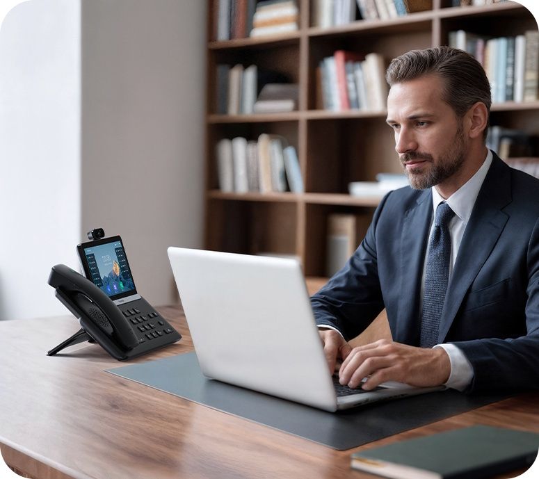 De Yealink SIP-T88W Pro VoIP telefoon in gebruik op een bureau in een thuiskantoor
