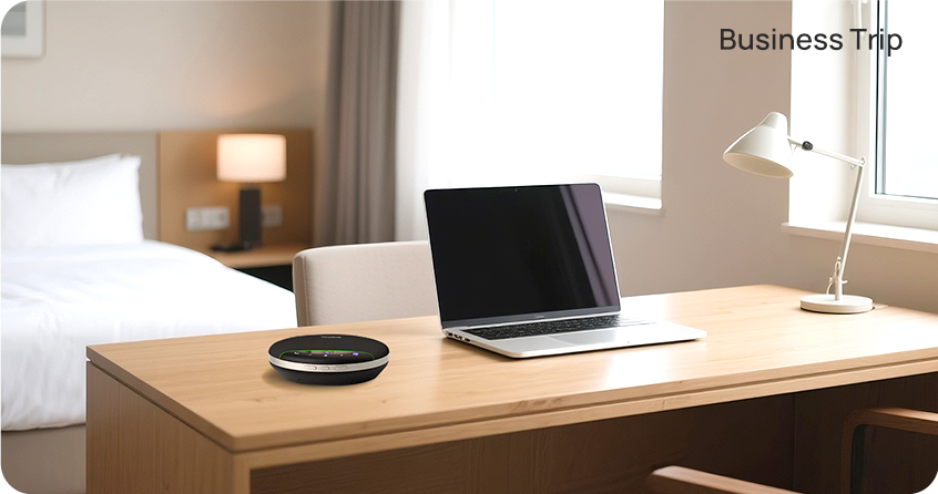 De Yealink SP96 speakerphone voor hybride vergaderen in gebruik in een hotelkamer op een zakelijke reis of business trip