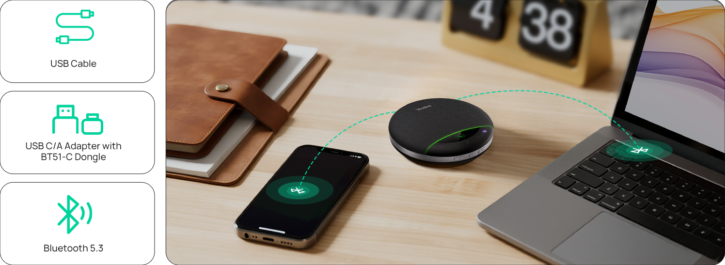 De Yealink SP96 speakerphone is te verbinden met een laptop en smartphone via Bluetooth en USB-C