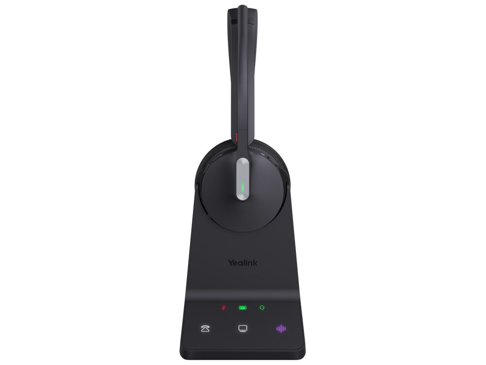 De Yealink WH64 Dual UC headset op het basisstation van voor