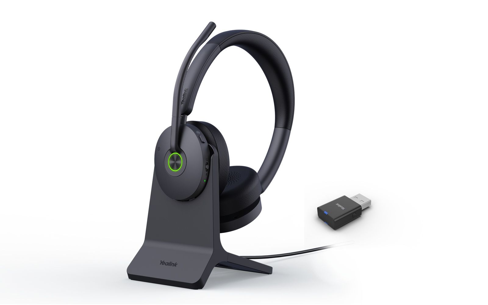 Draadloze Yealink WH68 Hybrid DECT en Bluetooth headset met USB-A DECT dongle en laadstandaard