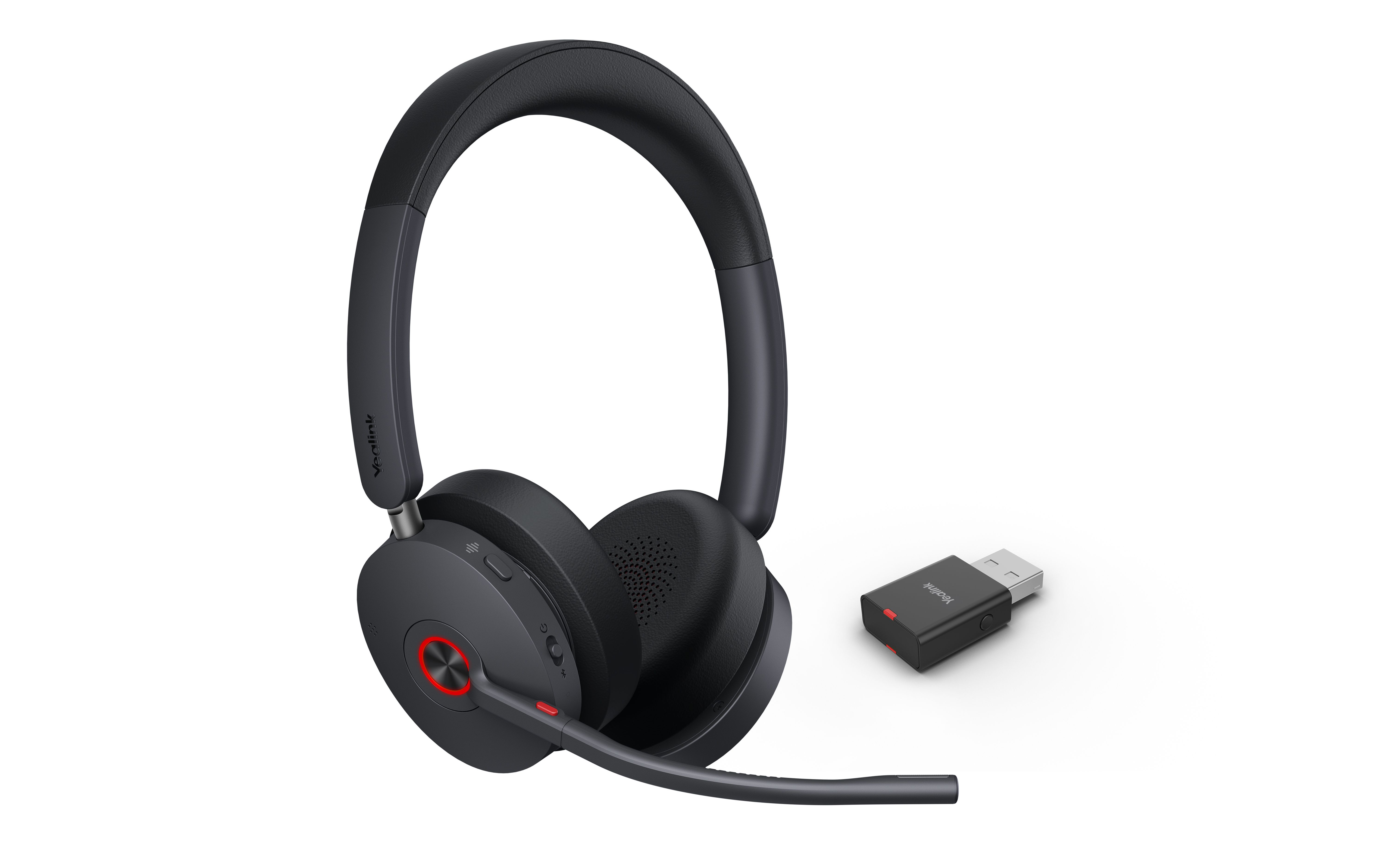Draadloze Yealink WH68 Hybrid DECT en Bluetooth headset met USB-A DECT dongle met busylight aan