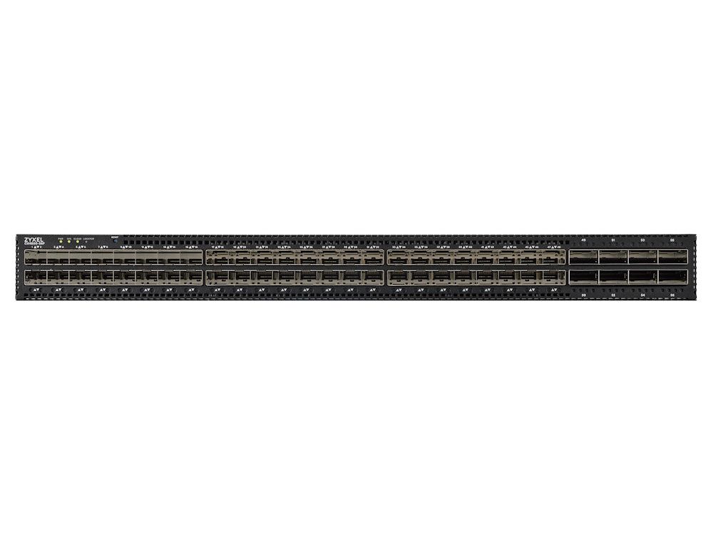 Voorkant van de Zyxel CX4800-56F 48-poorts Smart Managed L3 Switch met 48 stuks 10G en 25G SFP28 poorten en de 8 stuks 100G QSFP28 uplink poorten