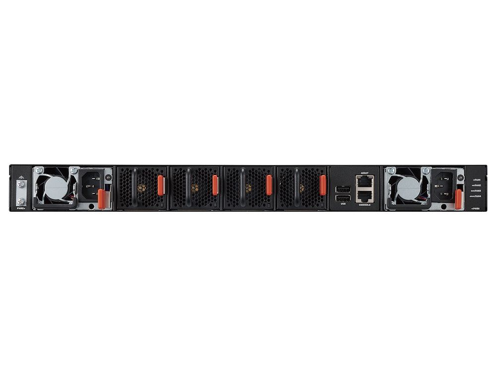 Achterkant van de Voorkant van de Zyxel CX4800-56F 48-poorts Smart Managed L3 Switch met AC voedingsconnectoren en hot-swappable ventilatoren
