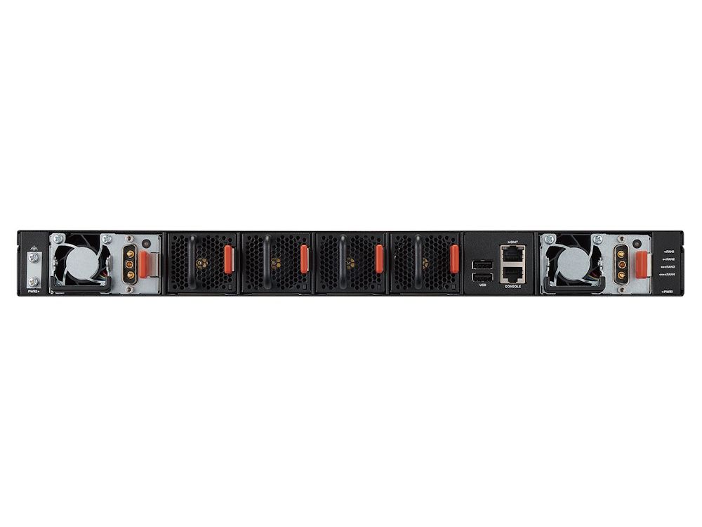 Achterkant van de Zyxel CX4800-56F 48-poorts Smart Managed L3 Switch met de DC voedingsconnectoren en hot-swappable ventilatoren