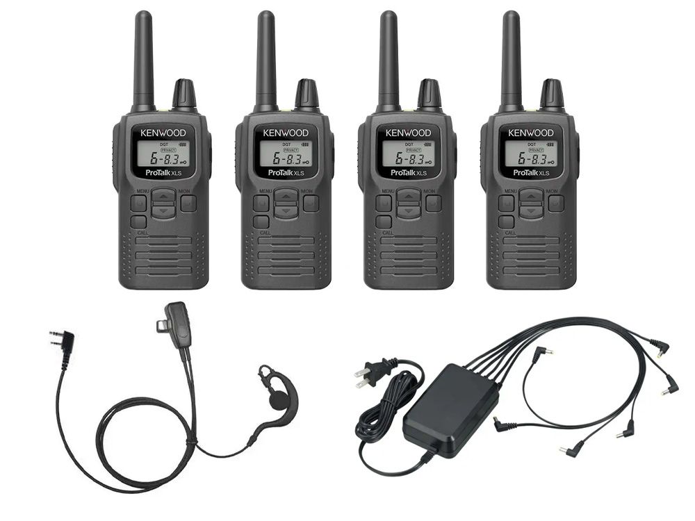Kenwood ProTalk PKT-300 4-pack met Incotech CCH1040-K1 C-oortjes en Kenwood KSC-44MLE groepslader