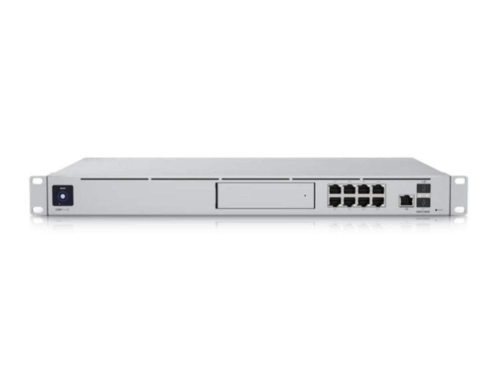 Voorkant van de Ubiquiti UniFi Dream Machine SE Gigabit PoE+ router met rackmount