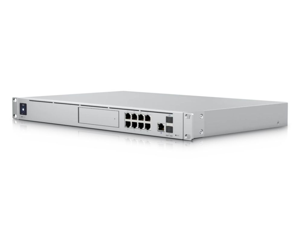 Zijkant en voorkant van de Ubiquiti UniFi Dream Machine SE Gigabit PoE+ router