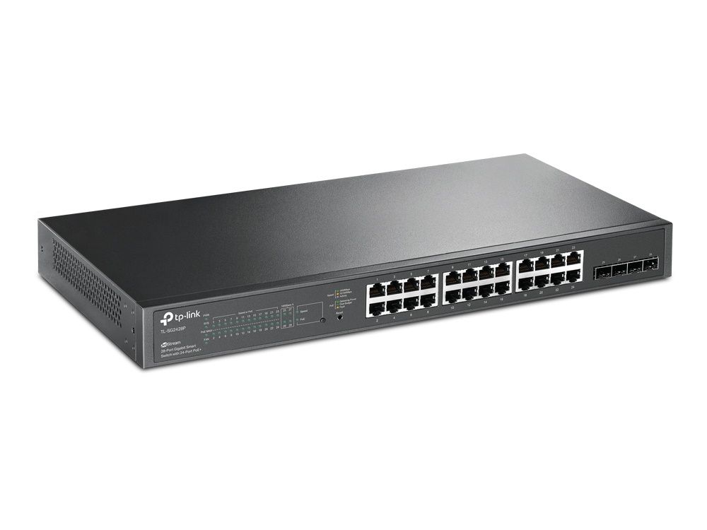 Zijkant en voorkant van de TP-Link Omada TL-SG2428P 28-poorts managed gigabit PoE+ switch