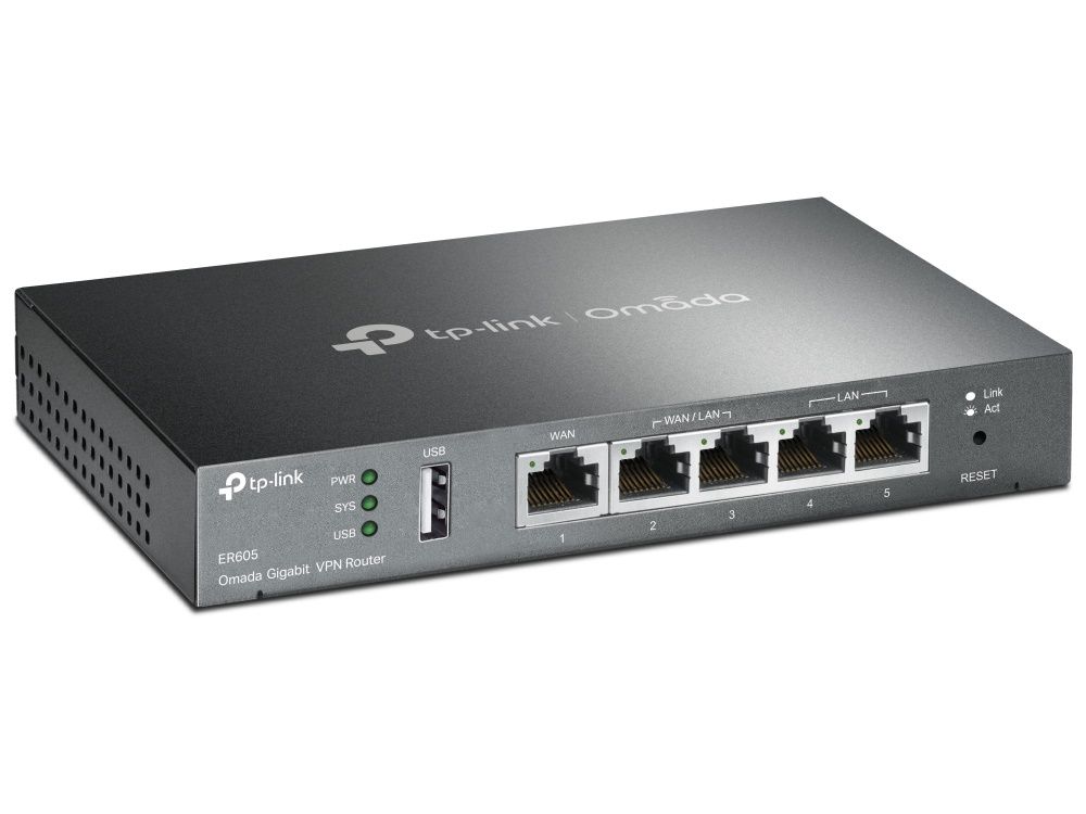 TP-Link Omada SDN TL-ER605 v2 Gigabit Multi-WAN VPN router linksvoor met TP-Link Omada logo