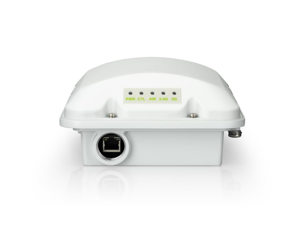 Onderkant van het Ruckus ZoneFlex T350c Unleashed outdoor WiFi 6 access point met ethernetpoort en status leds