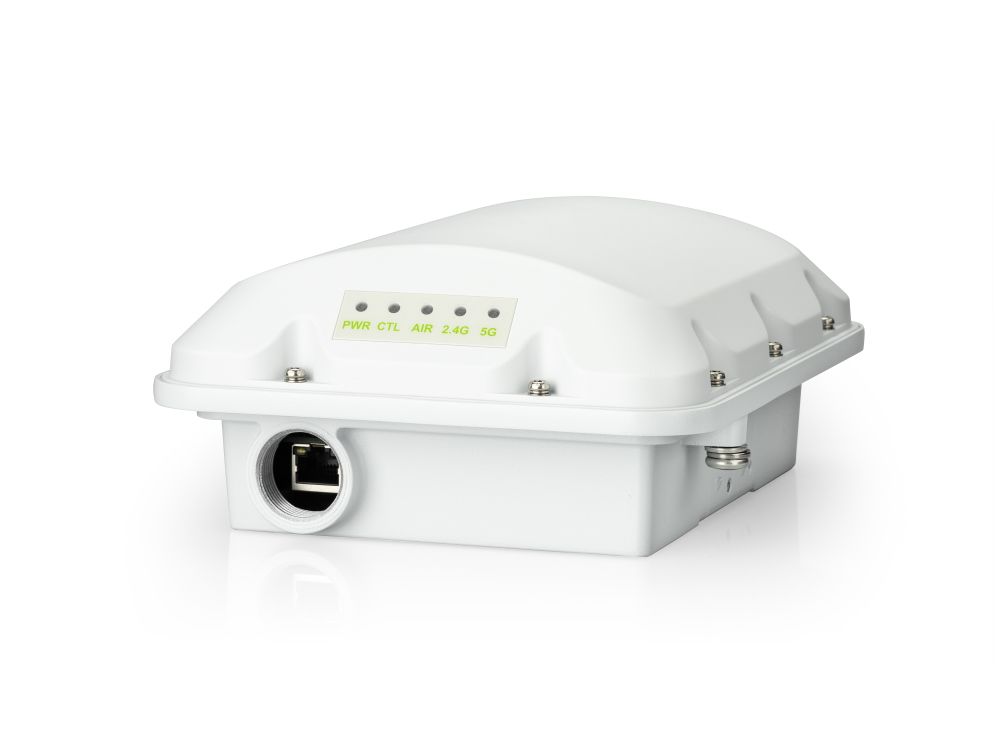 Schuin onderkant van het Ruckus ZoneFlex T350c Unleashed outdoor WiFi 6 access point met een ethernetpoort