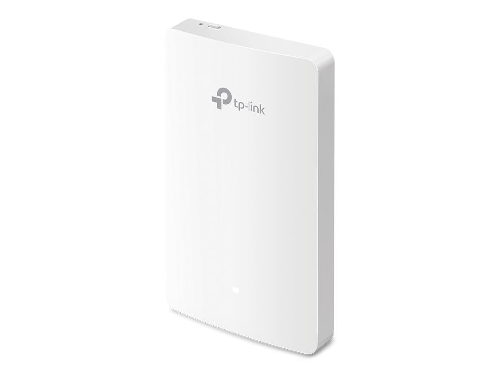 Voorkant en zijkant van het TP-Link Omada EAP615-Wall WiFi 6 indoor access point die je op een EU wandcontactdoos aansluit