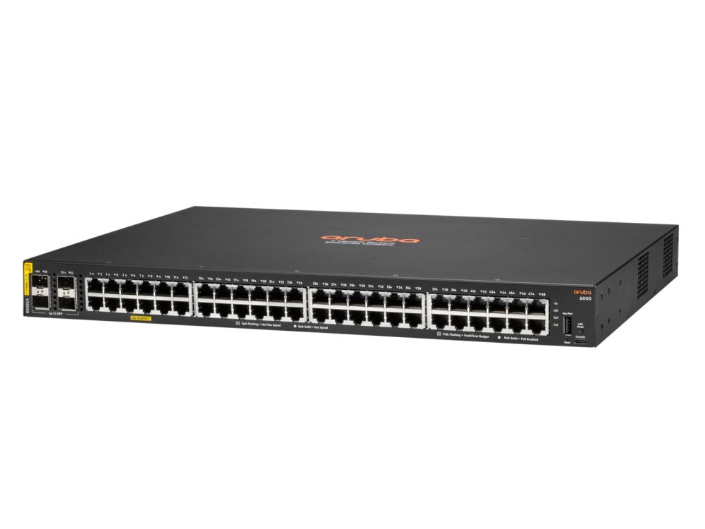 Aruba 6000 48G PoE 4SFP 48-poorts managed L2 PoE+ switch voorkant schuin met 48 Gigabit ethernetpoorten