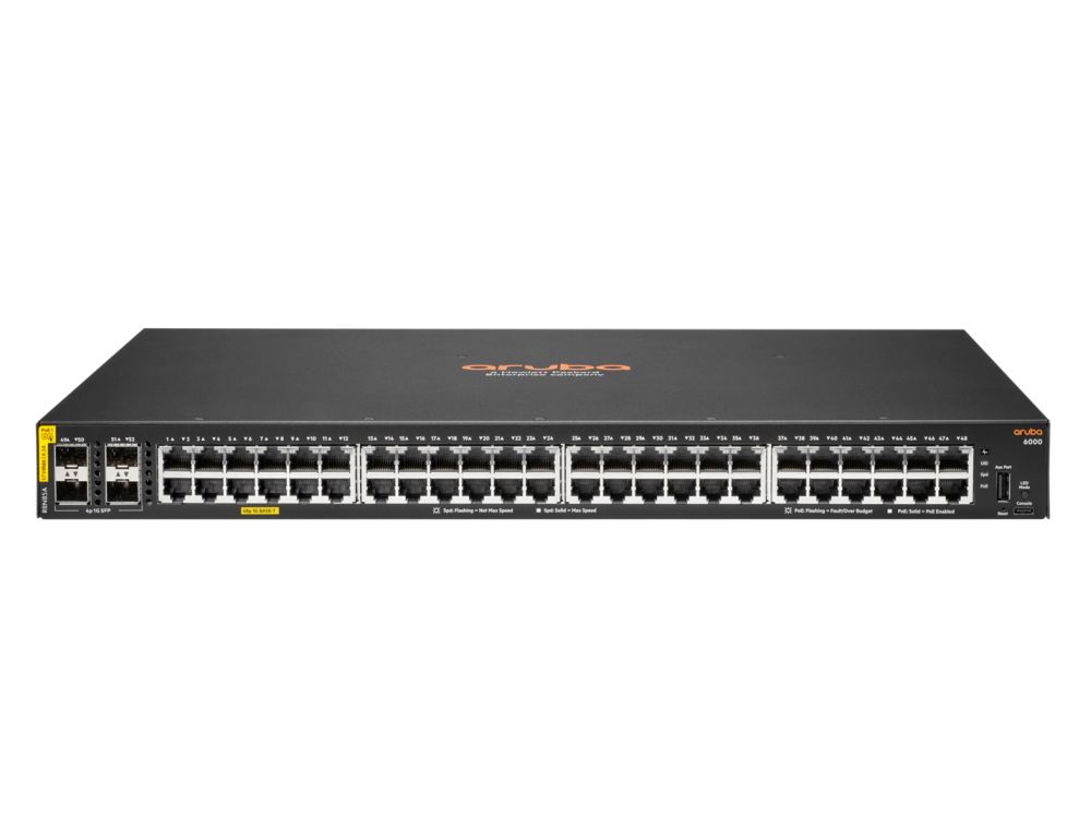 Voorkant van de Aruba 6000 48G PoE 4SFP 48-poorts managed L2 PoE+ switch met alle poorten