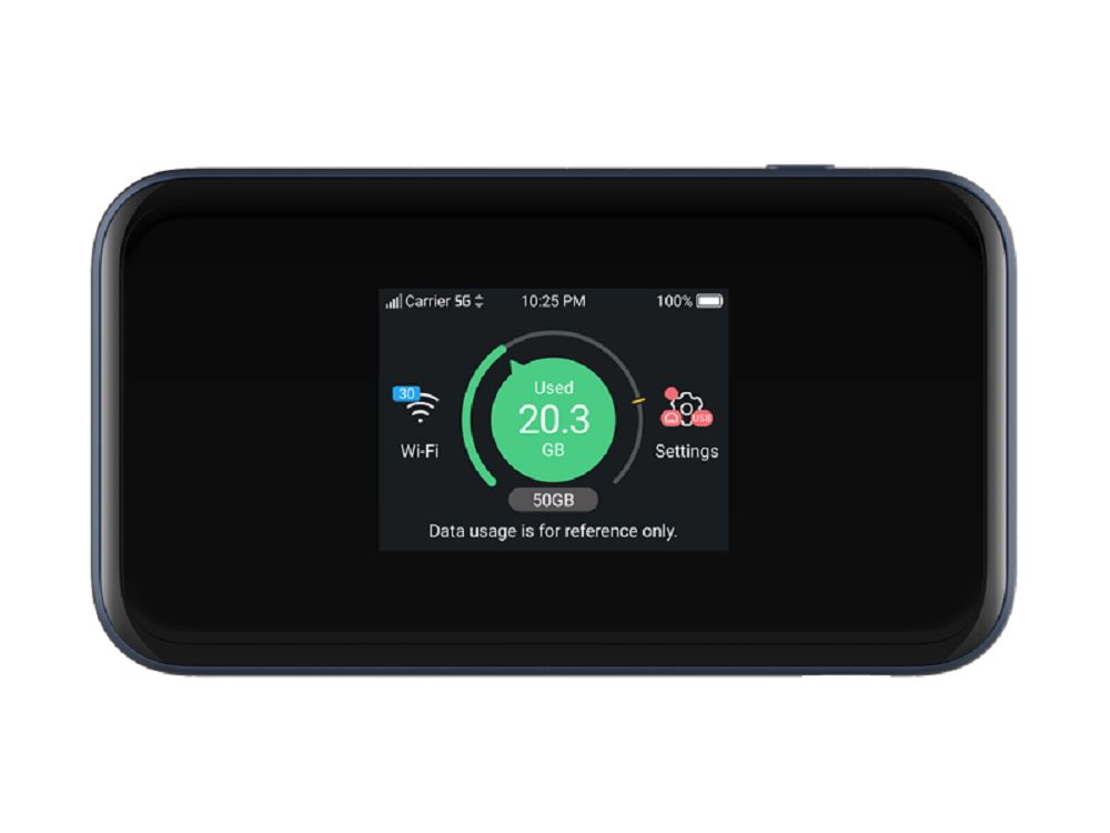 Voorkant van de ZTE MU5001 5G mobiele WiFi hotspot met touchscreen