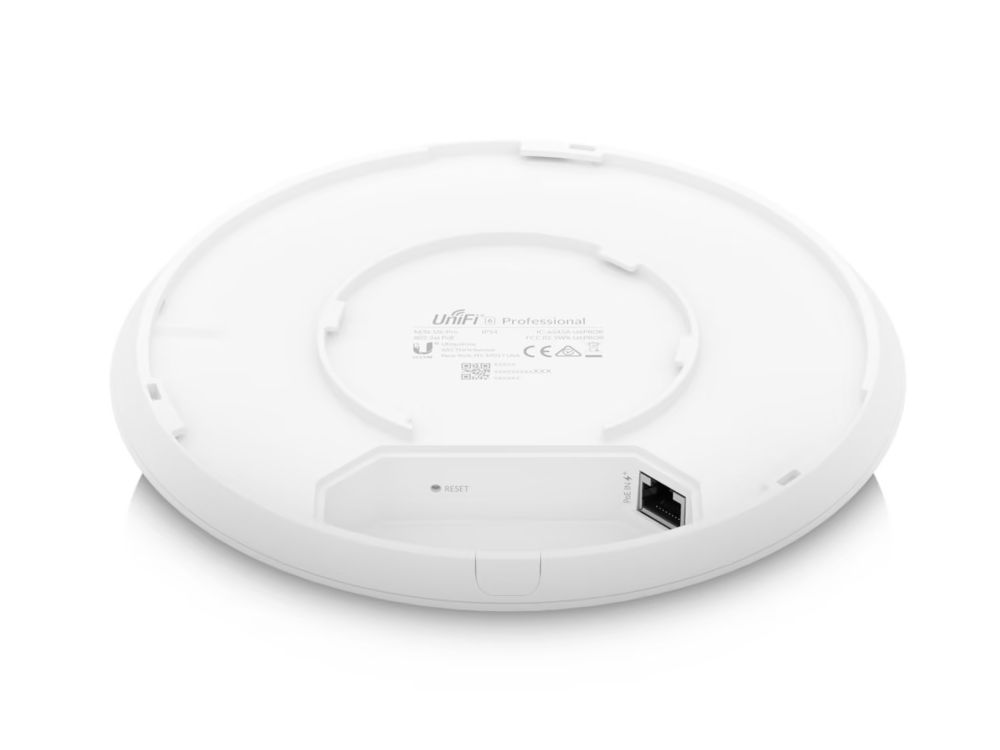 Ubiquiti UniFi 6 Pro indoor WiFi 6 access point onderkant met PoE+ ingang