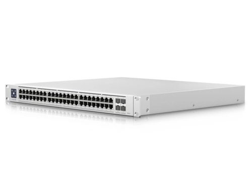 Zijkant en voorkant van de Ubiquiti UniFi USW Enterprise 48 PoE managed 48 poorts L3 PoE+ switch