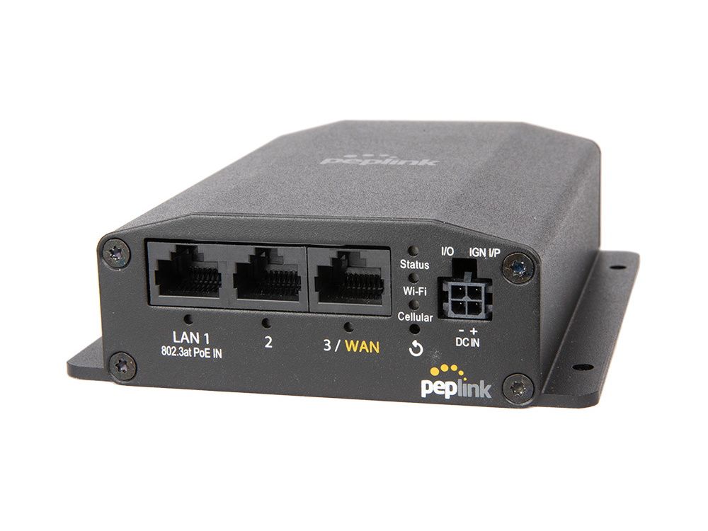 Voorkant van de Peplink MAX BR1 Mini LTE (HW3) 4G LTE router met alle poorten en statuslampjes