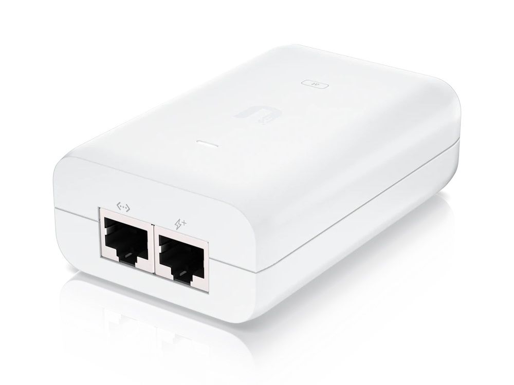 Ubiquiti U-POE-at Gigabit PoE injector liggend met ethernetpoorten voor 802.3at Power over Ethernet