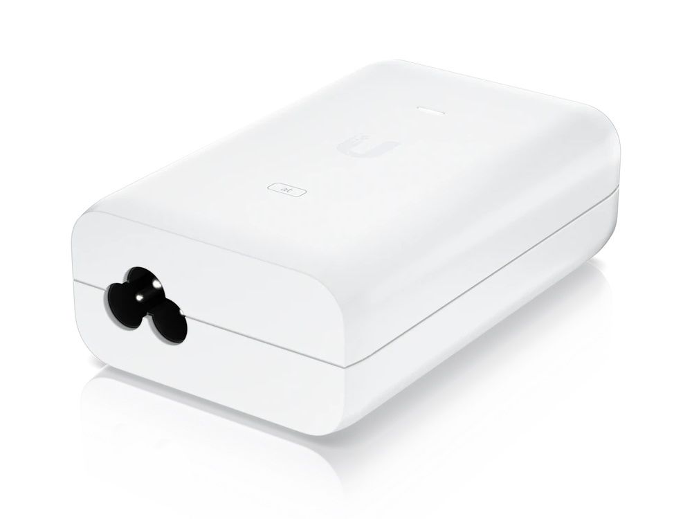 Ubiquiti U-POE-at Gigabit PoE injector liggend met aansluiting voor de voedingsadapter