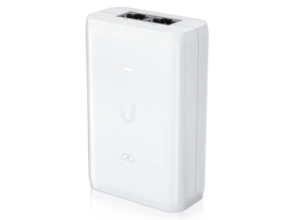 Bovenkant en ethernetpoorten van de Ubiquiti U-POE-at Gigabit PoE+ 802.3at injector