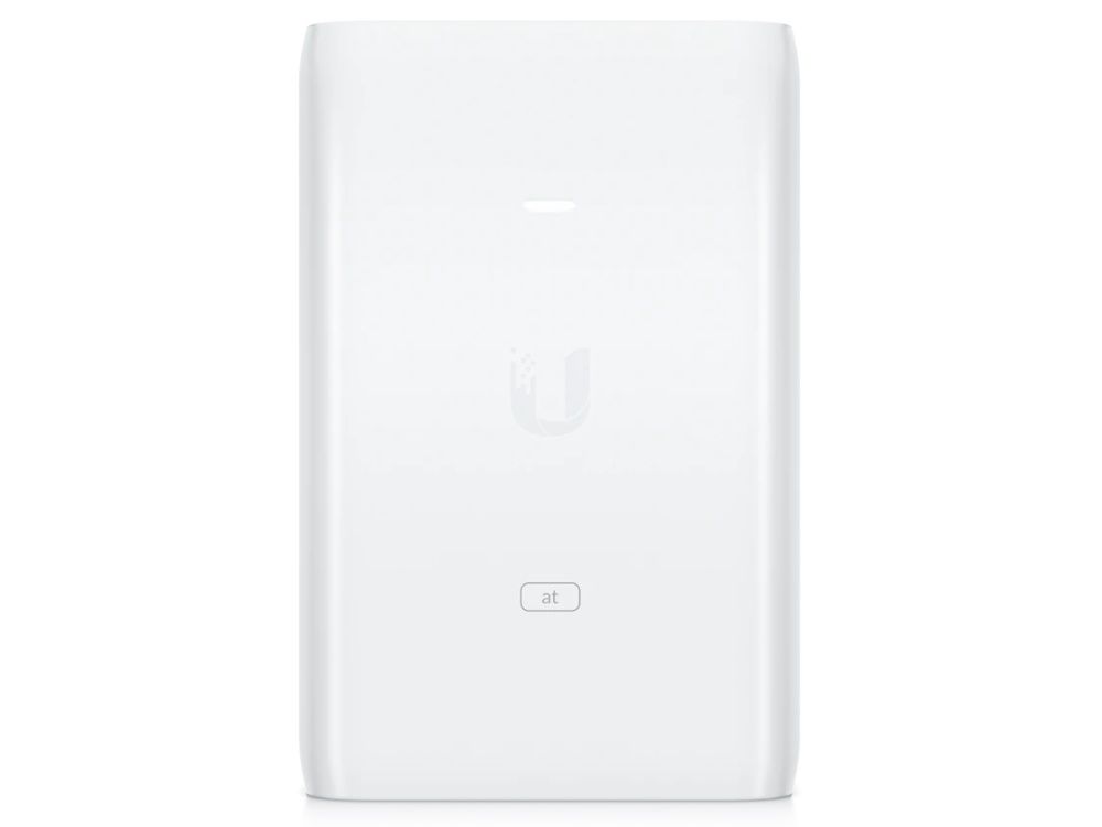 Bovenkant van de Ubiquiti U-POE-at Gigabit PoE injector met het Ubiquiti logo