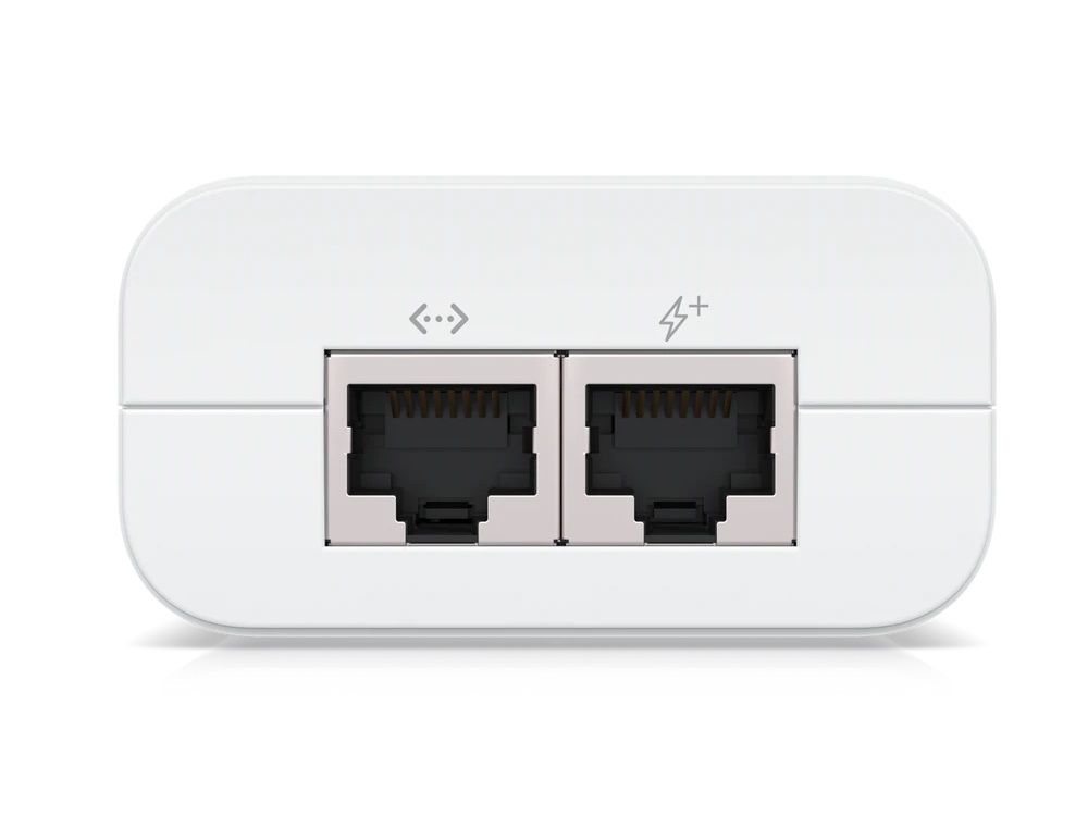 Ethernetaansluitingen van de Ubiquiti U-POE-at Gigabit PoE injector