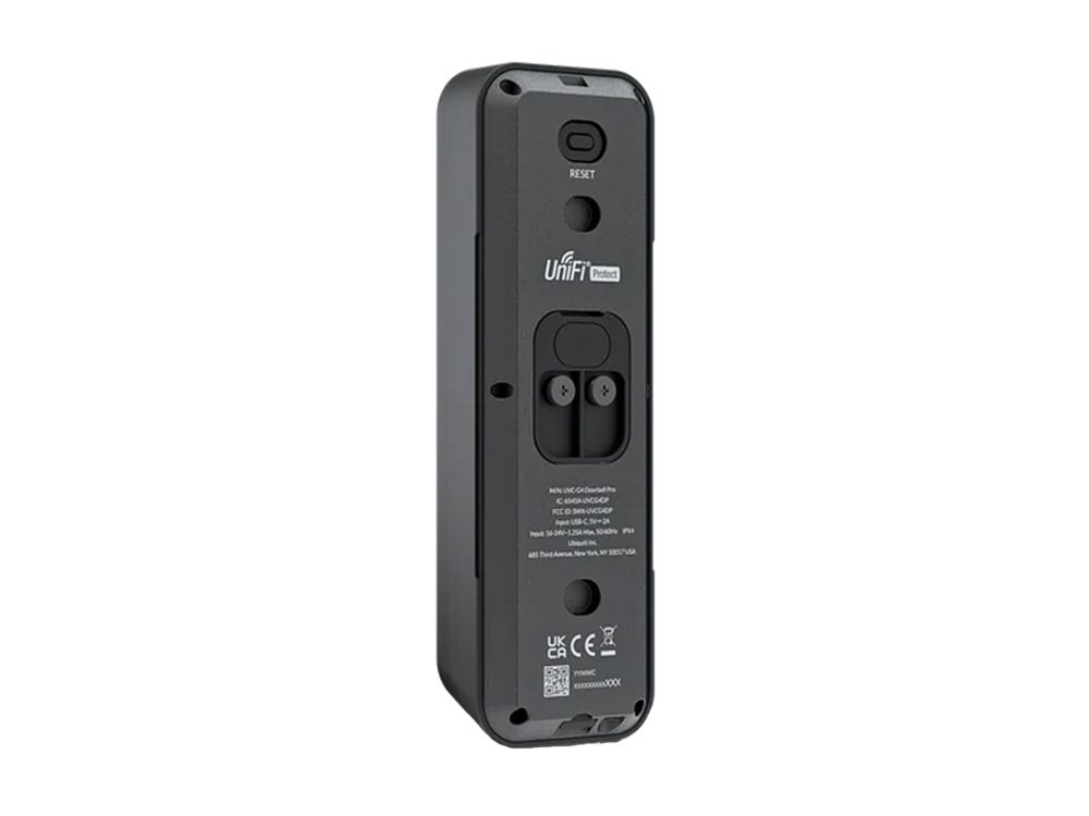 Schuine achterkant van de Ubiquiti UniFi Protect G4 Doorbell Pro videodeurbel