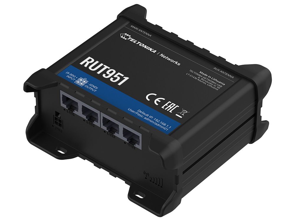 Rechter zijkant en bovenkant en onderkant van de Teltonika RUT951 4G LTE router met ethernetpoorten