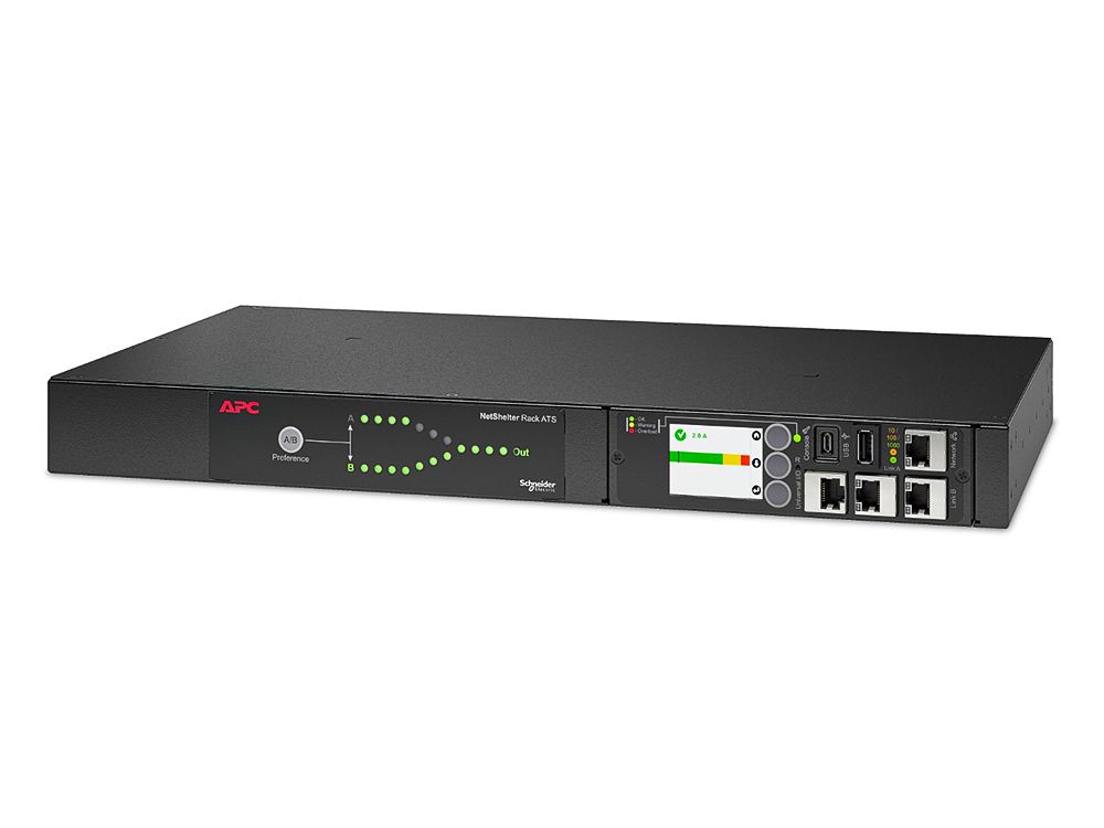 Voorkant van de APC AP4421A Rack ATS met diverse aansluitingen