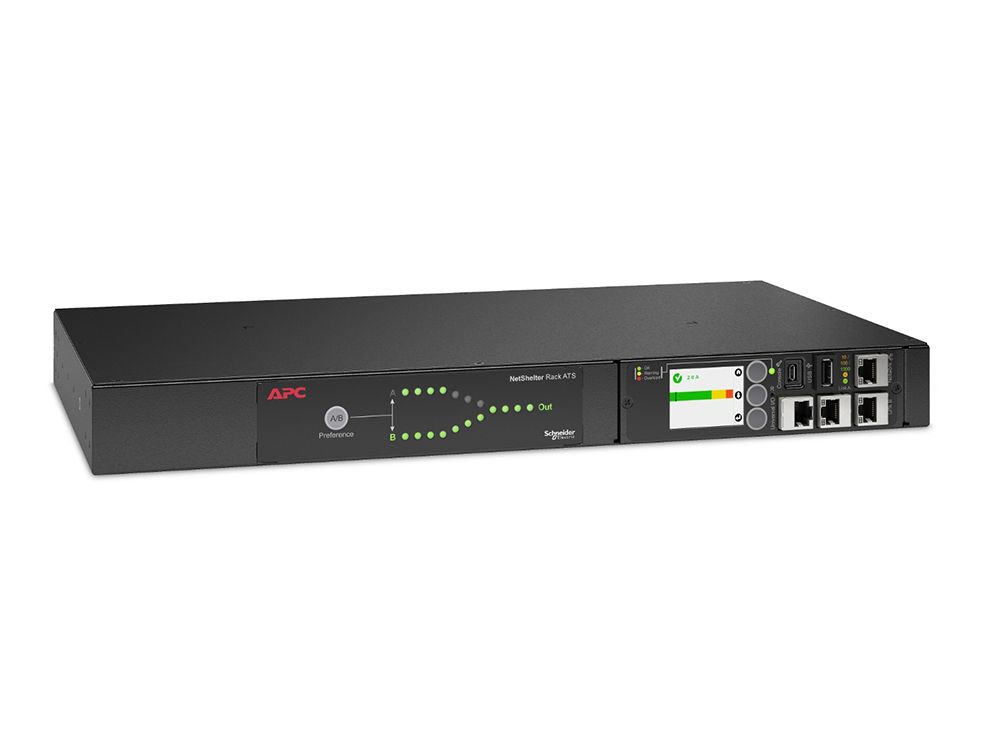 Schuin de voorkant van de APC AP4421A Rack ATS
