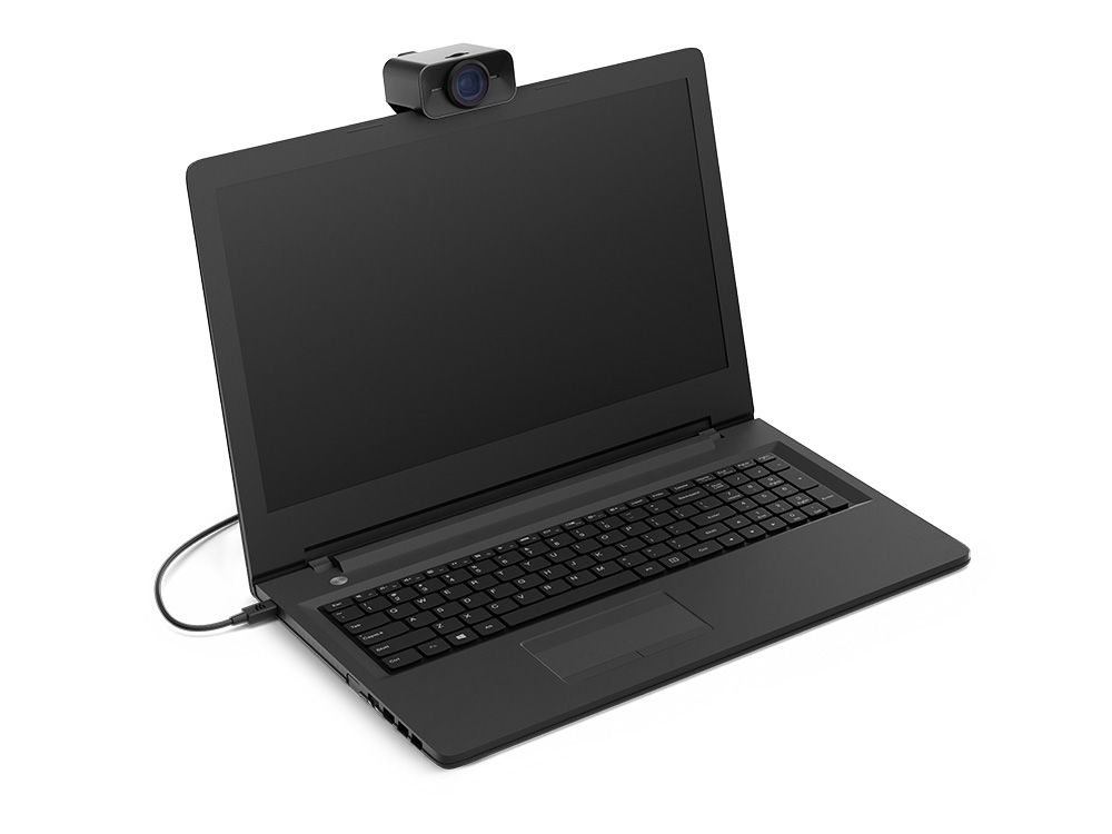 EPOS EXPAND Vision 1 USB webcam geplaatst en aangesloten op een laptop